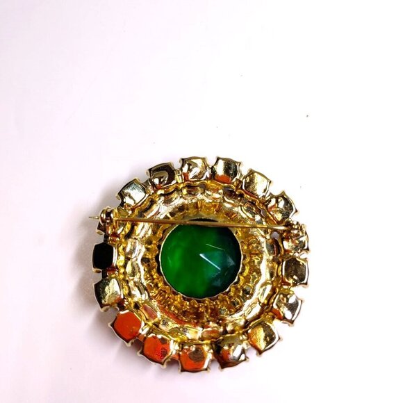 1950's Austria Brooch Rhinestone Glass Blue large Green Faced Stone Brooch - Picture 7 of 9